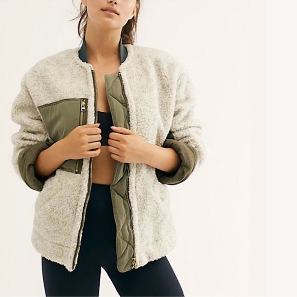 Free People Cream Sherpa Teddy Jacket with Olive Green Details